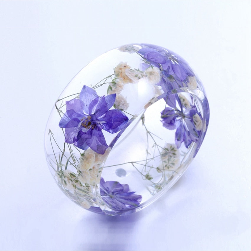 Transparent Purple Flower Resin Bangle Bracelet