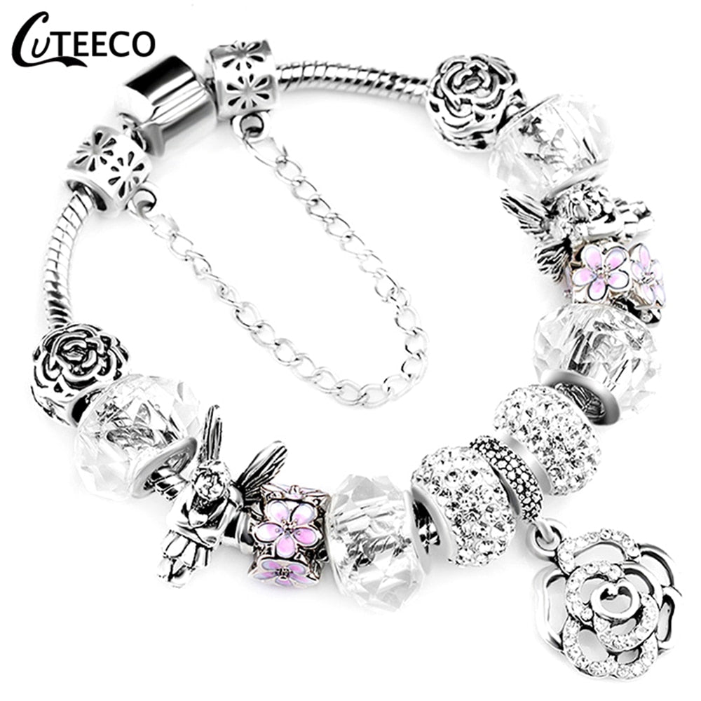 Silver Crystal Flower Charm Bracelet for Women