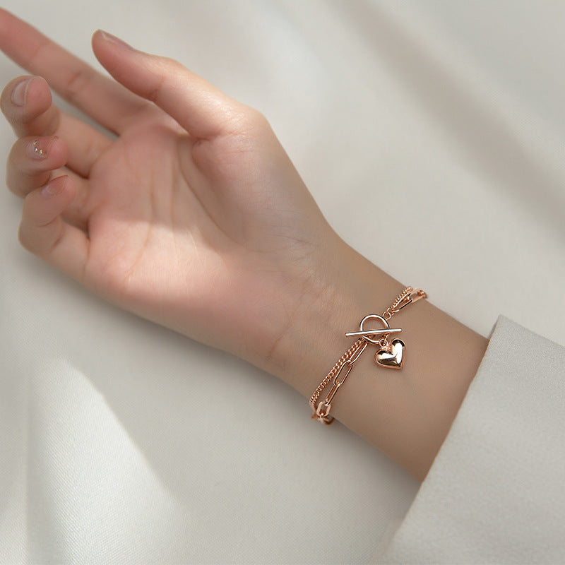 925 Sterling Silver Romantic Heart Double Layer Bracelet