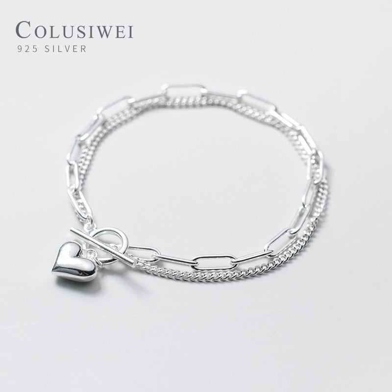 925 Sterling Silver Romantic Heart Double Layer Bracelet
