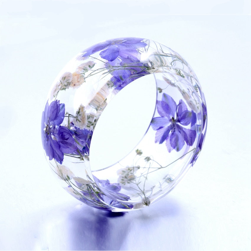 Transparent Purple Flower Resin Bangle Bracelet