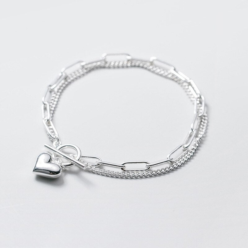 925 Sterling Silver Romantic Heart Double Layer Bracelet
