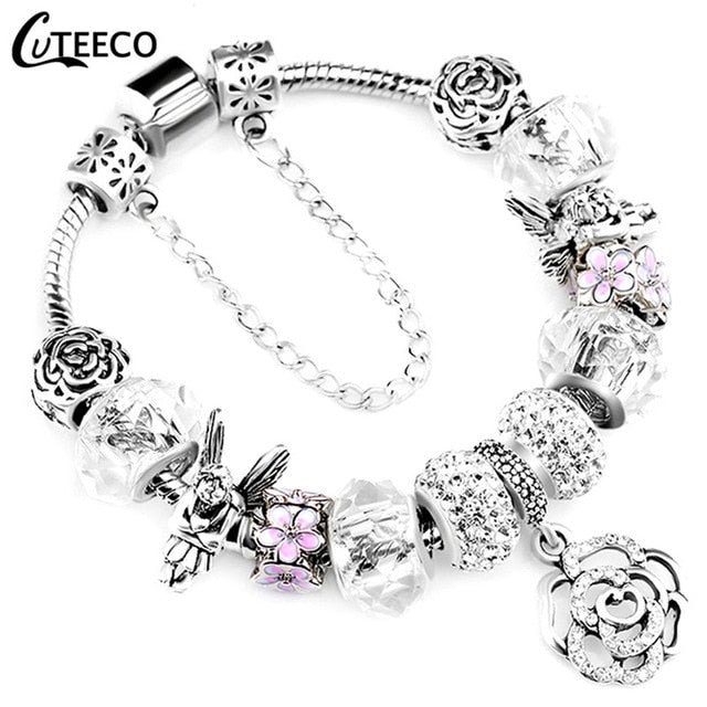 Silver Crystal Flower Charm Bracelet for Women